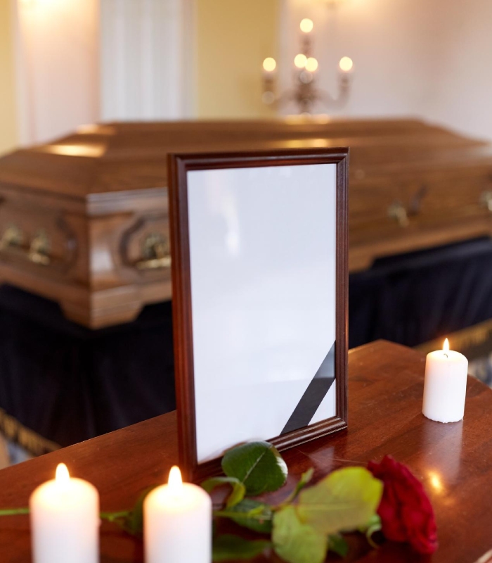 Espace de recueillement en chambre funéraire avec cadre souvenir et cercueil préparé par les Pompes funèbres Audrey & Fabrice